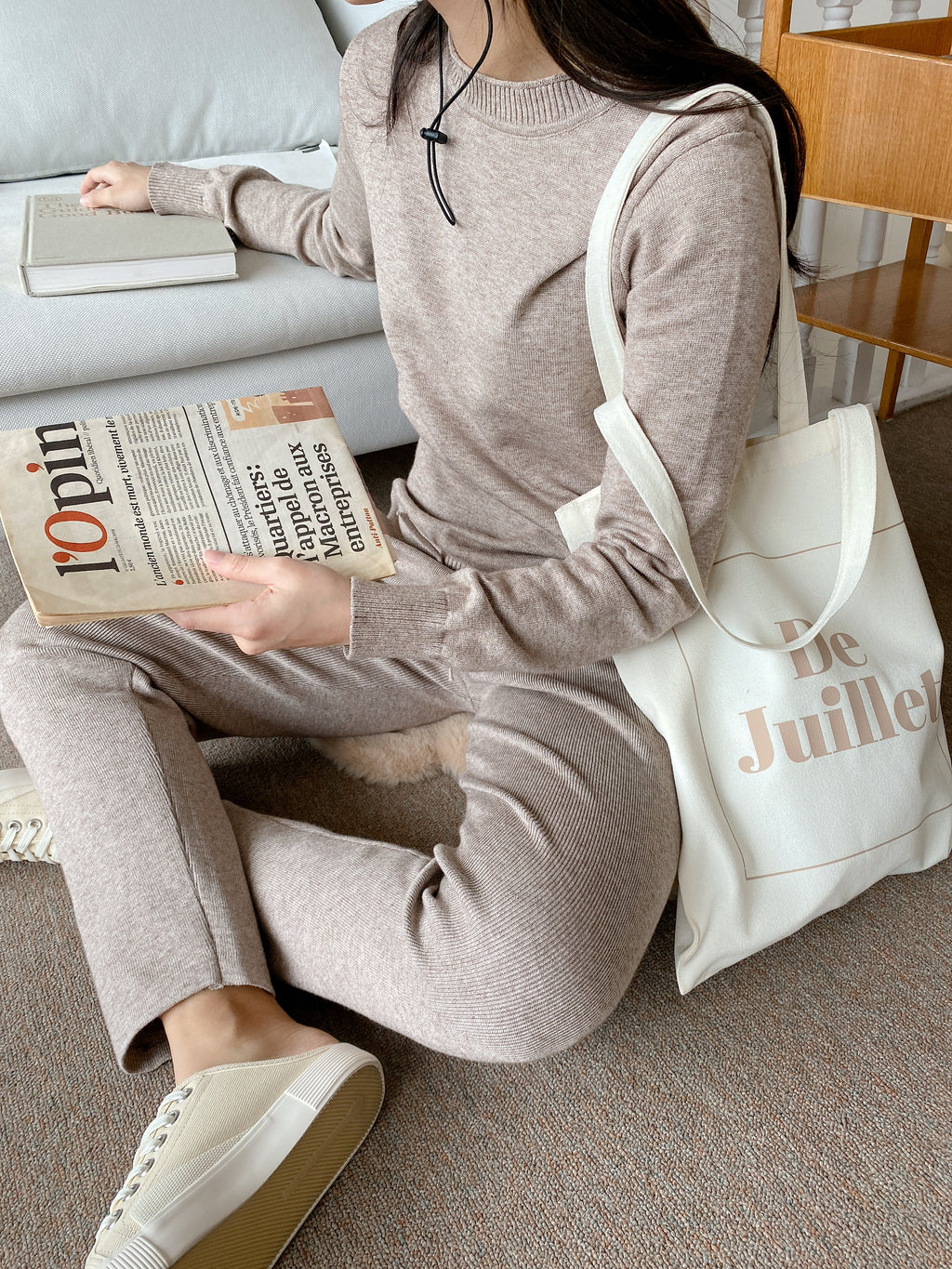 Womens Round Neck 2pcs Track Suits Loungewear Set Beige