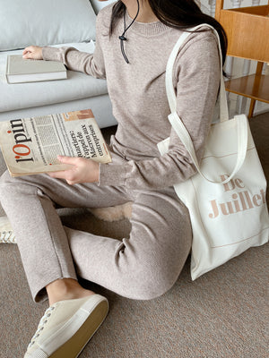 Womens Round Neck 2pcs Track Suits Loungewear Set Beige