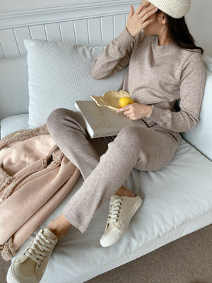 Womens Round Neck 2pcs Track Suits Loungewear Set Beige
