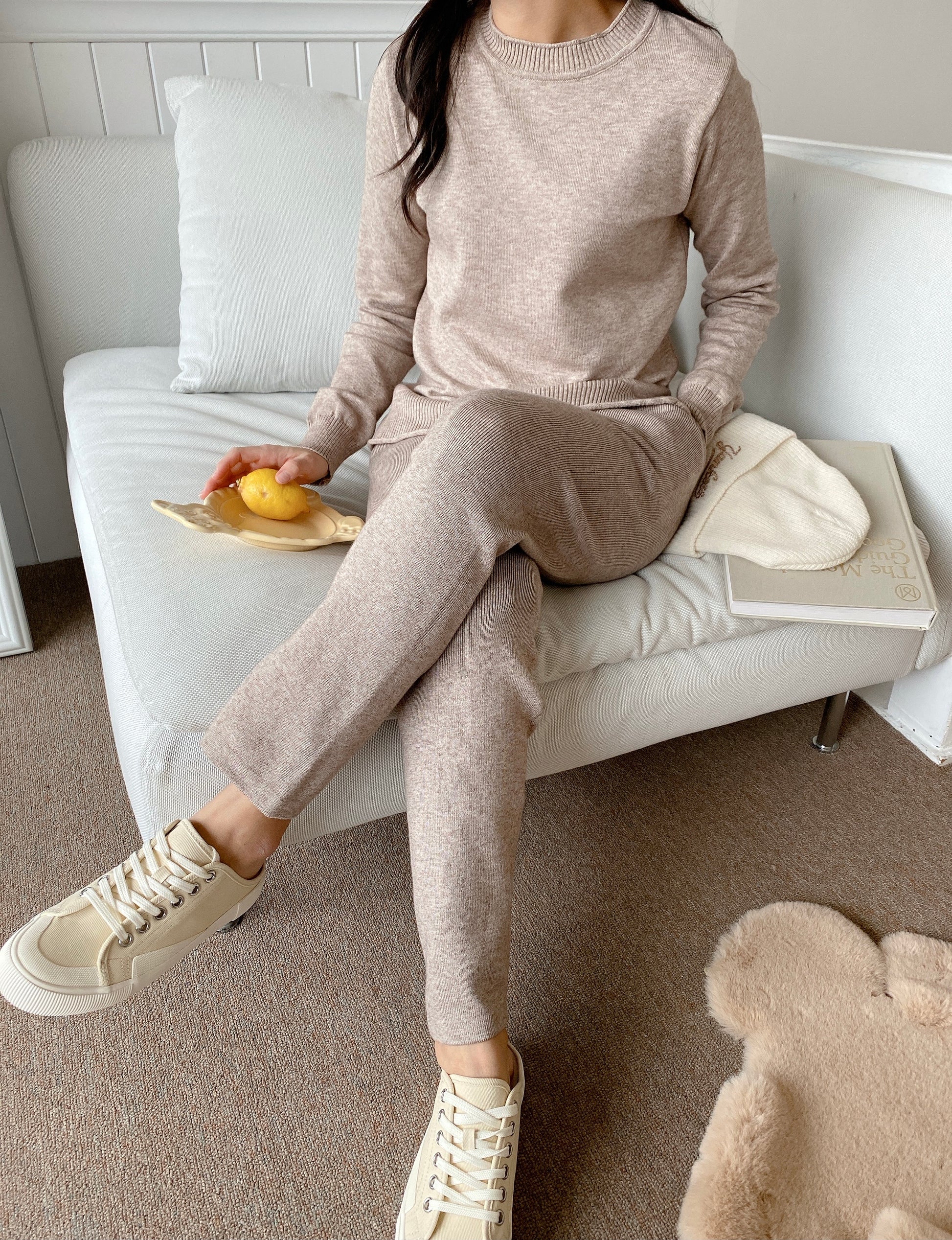 Womens Round Neck 2pcs Track Suits Loungewear Set Beige