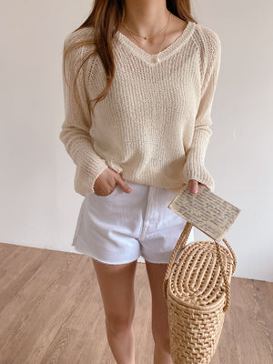 Women Knit Long Sleeve Net Top Beige